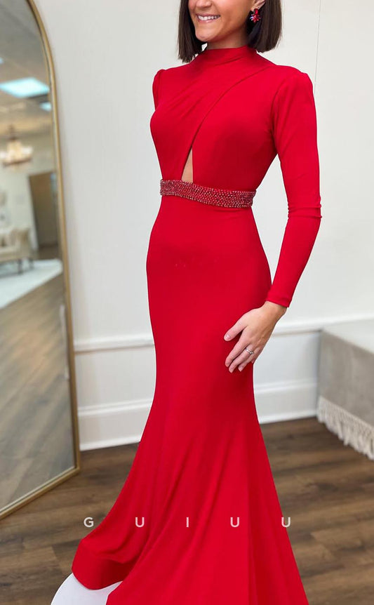 G3742 - Classic & Timeless Mermaid Scoop Long Sleeves Beaded Long Party Prom Dress with Cut-Outs