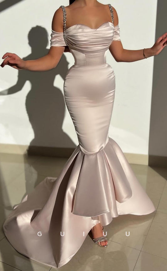 G3744 - Sexy & Hot Trumpet Swetheart Straps Off Shoulder Draped and Beaded Long Party Gown Prom Dress