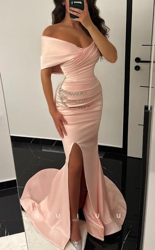 G3746 - Classic & Timeless Mermaid One Shoulder Draped and Beaded Party Gown Prom Dress