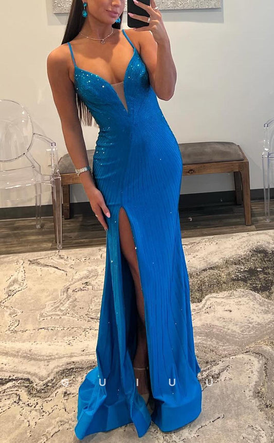 G3748 - Simple & Casual Sheath V-Neck Straps Fully Sequined Lace-Up Long Formal Party Gown Prom Dress with High Side Slit