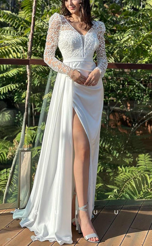 G3758 - Chic & Modern Sheath V-Neck Long Sleeves Appliques Draped Long Party Gown Prom Dress with High Side Slit and Overlay