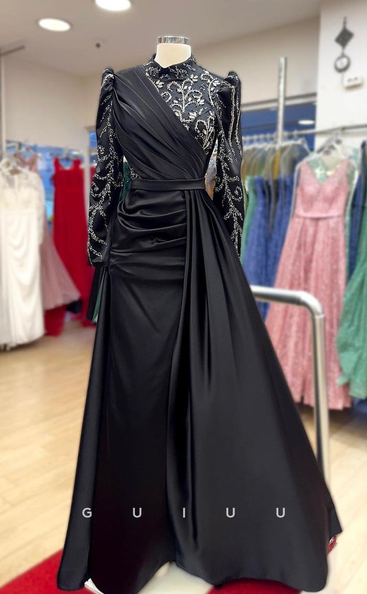 G3761 - Classic & Timeless Sheath High Neck Long Sleeves Embroidered and Draped Long Party Gown Prom Dress with Overlay