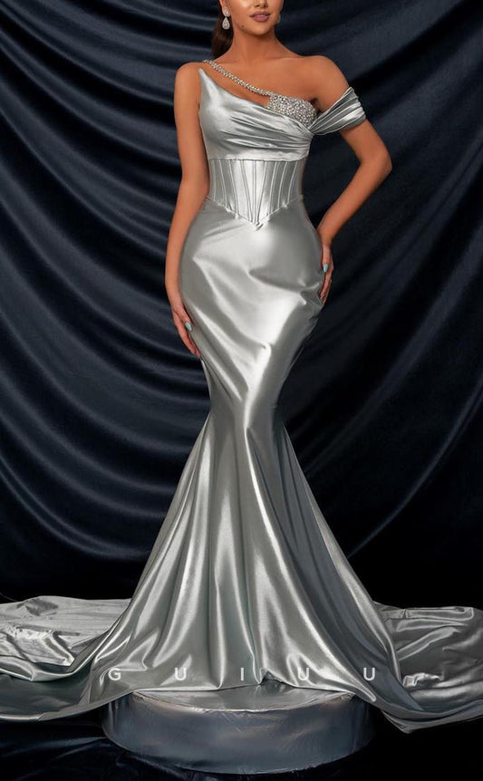 G3770 - Chic & Modern Mermaid Asymmetrical Beaded Long Party Gown Prom Dress with Sweep Train