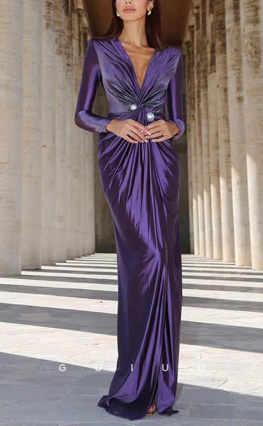 G3785 - Classic & Timeless Sheath V-Neck Pearls Beaded and Draped Formal Party Prom Dress with Long Sleeves and High Slit