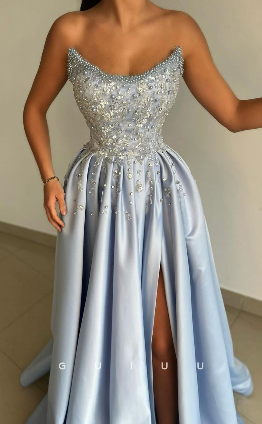 G3787 - Chic & Modern A-Line Strapless Sequined Beaded and Draped Formal Party Gown Prom Dress with High Side Slit