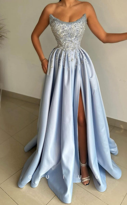 G3787 - Chic & Modern A-Line Strapless Sequined Beaded and Draped Formal Party Gown Prom Dress with High Side Slit