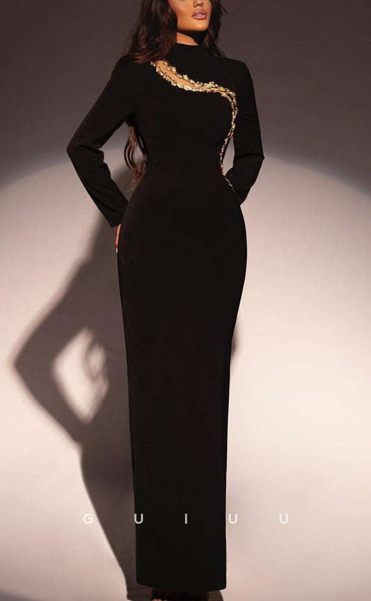 G3806 - Sexy & Hot Sheath High Neck Cut-Outs Beaded Formal Party Gown Prom Dress with Long Sleeves