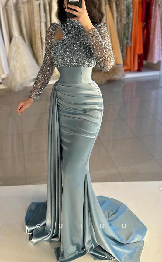 G3817 - Chic & Modern Sheath High Neck Sequined and Draped Formal Party Gown Prom Dress with Overlay