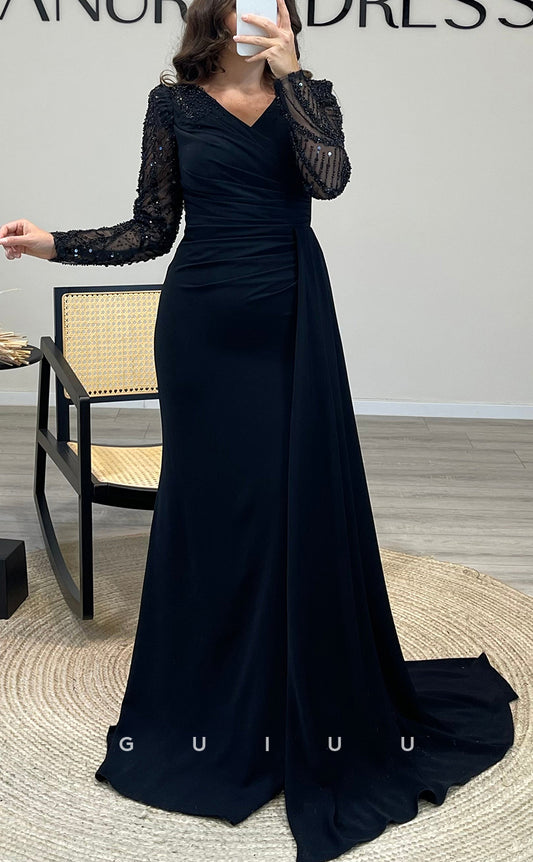 G3831 - Chic & Modern Sheath V-Neck Beaded Sequined and Draped Formal Party Prom Dress with Long Sleeves and Overlay