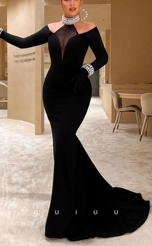G3832 - Sexy & Hot Mermaid Halter Illusion Beaded Party Gown Prom Dress with Long Sleeves and Gloves