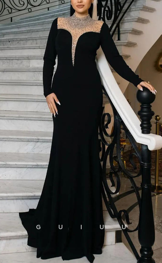 G3834 - Chic & Modern Sheath High Neck Beaded and Sequined Formal Party Prom Dress with Long Sleeves