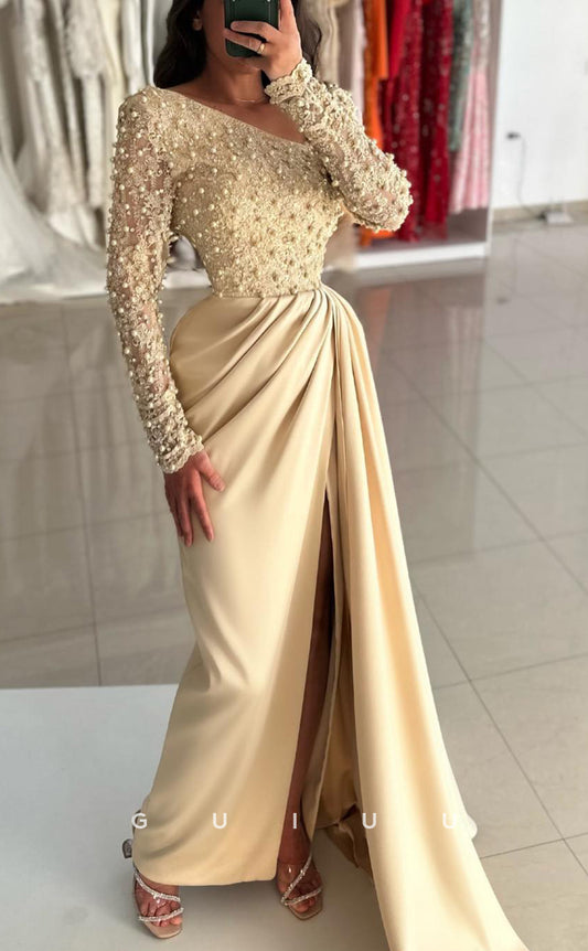 G3858 - Chic & Modern Sheath Asymmetrical Beaded and Floral Appliqued Formal Party Gown Prom Dress with High Side Slit and Overlay