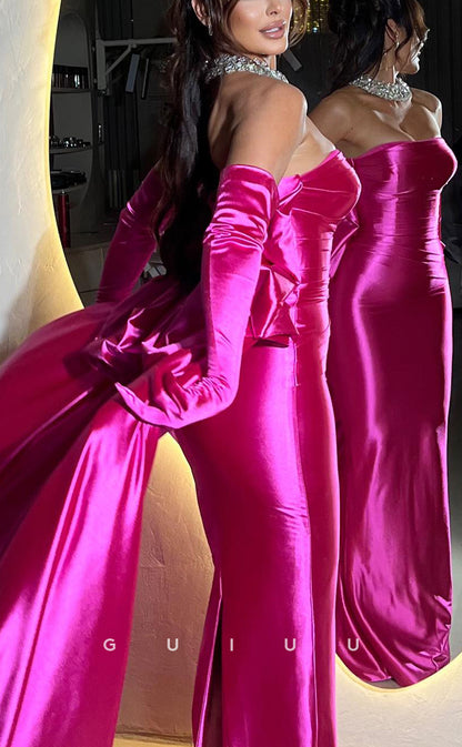 G3895 - Sexy & Hot Sheath Strapless Draped Evening Party Prom Dress with Long Gloves and Overlay