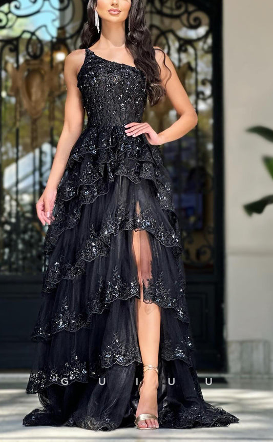 G3901 - Chic & Modern A-Line One Shoulder Floral Emboidered and Beaded Ballgown Party Prom Dress with High Side Slit