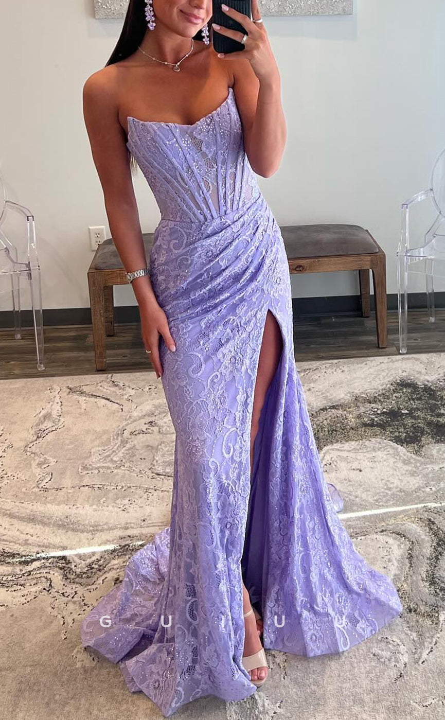 G3921 - Sexy & Hot Sheath Strapless Floral Appliqued and Sequined Party Gown Prom Dress with High Side Slit and Pleats