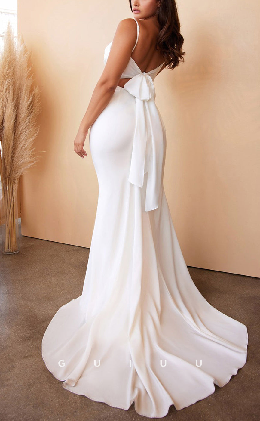 G3944 - Chic & Modern Mermiad V-Neck Straps Draped Floor-Length Formal Party Gown Prom Dress with Bows