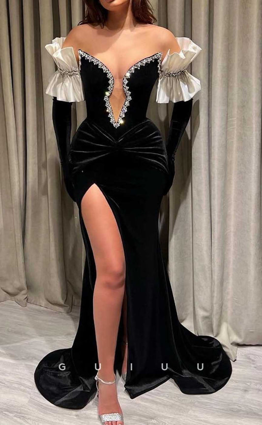 G3963 - Sexy & Hot Sheath V-Neck Off Shoulder Beaded and Draped Party Gown Prom Dress with High Side Slit and Long Gloves