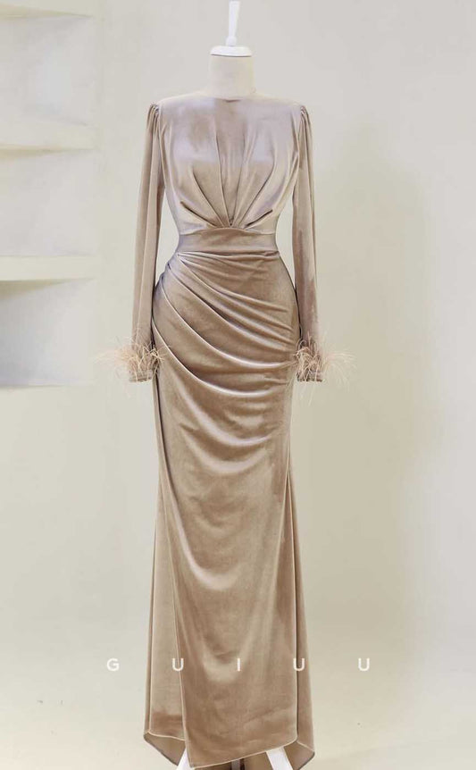 G3966 - Classic & Timeless Sheath Scoop Draped Floor-Length Formal Party Prom Dress with Long Sleeves and Feather
