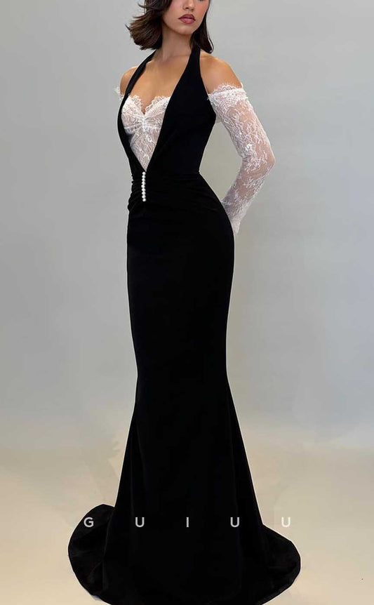 G3971 - Sexy & Hot Sheath Halter Lace Off Shouder Sequined and Draped Party Gown Prom Dress with Long Sleeves