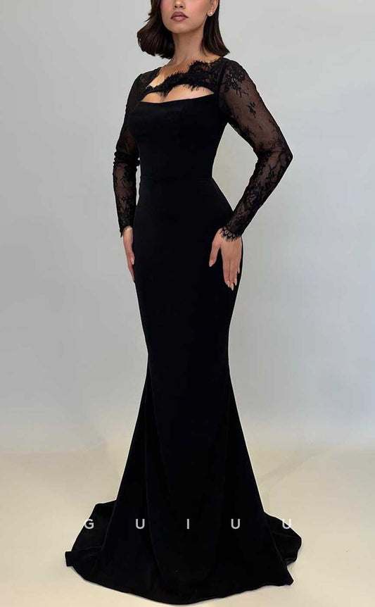 G3974 - Sexy & Hot Mermaid Asymmetrical Lace Formal Party Prom Dress with Cut-Outs and Long Sleeves