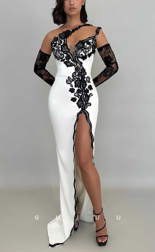 G3975 - Sexy & Hot Sheath Asymmetrical One Shoulder Floral Embriodered Evening Party Gown Prom Dress with High Slit and Long Gloves
