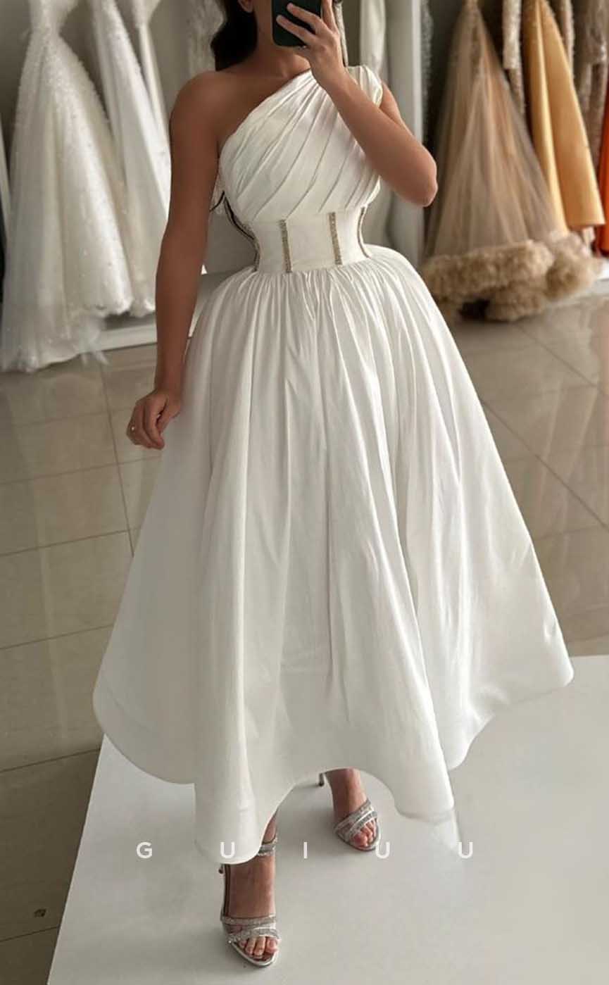 G3978 - Chic & Modern A-Line One Shoulder Beaded and Draped Ankle-Length Formal Party Prom Dress