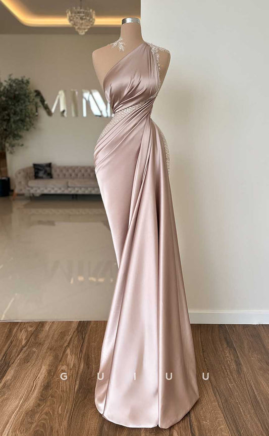 G3986 - Chic & Modern Sheath One Shoulder Beaded and Draped Formal Party Prom Dress with Overlay
