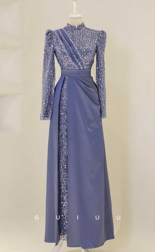 G3993 - Classic & Timeless Sheath High Neck Sequined and Beaded Formal Party Prom Dress with Long Sleeves and Pleats