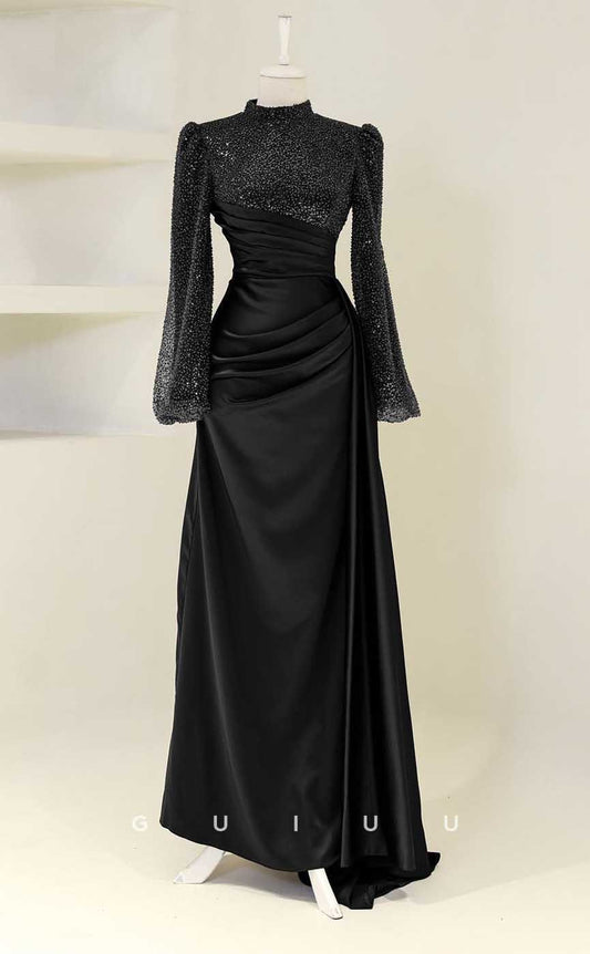 G3994 - Classic & Timeless Sheath High Neck Sequined and Draped Floor-Length Formal Party Prom Dress with Long Sleeves and Overlay