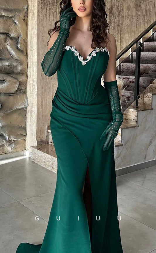 G4012 - Chic & Modern Sheath V-Neck Beaded and Draped Formal Party Prom Dress with Long Gloves and High Slit