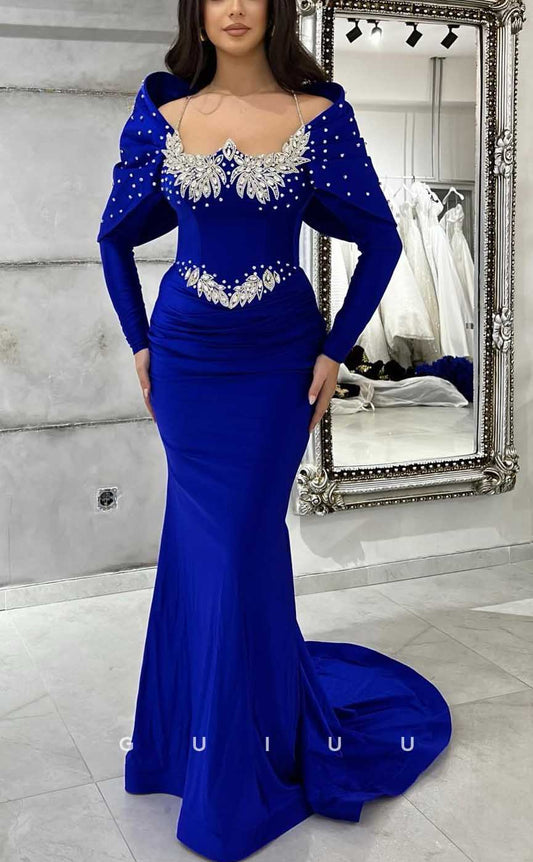 G4017 - Sexy & Hot Mermaid Off Shoulder Halter Floral Beaded and Draped Formal Party Prom Dress with Long Sleeves