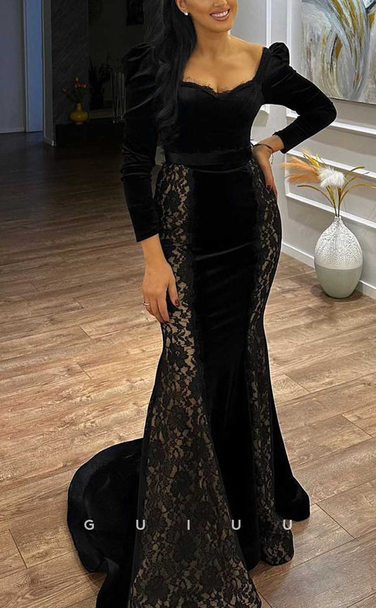 G4018 - Sexy & Hot Trumpet V-Neck Floral Lace and Draped Evening Party Prom Dress with Long Sleeves