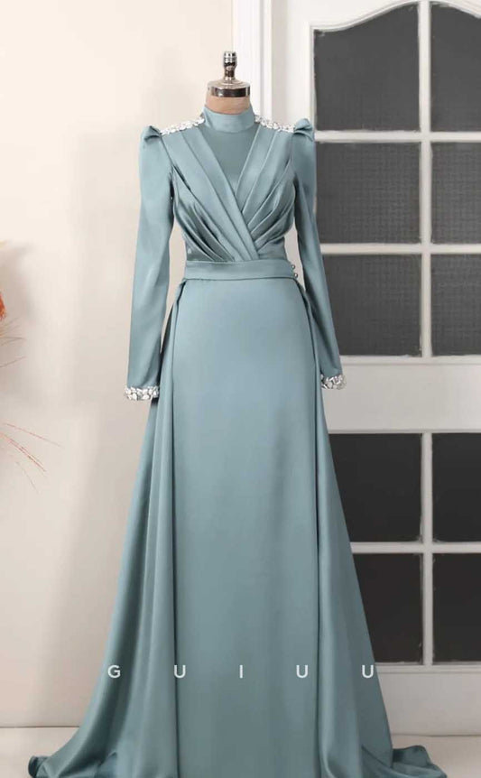 G4031 - Classic & Timeless A-Line High Neck Beaded and Draped Formal Party Prom Dress with Long Sleeves and Overlay