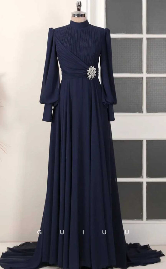 G4033 - Chic & Modern A-Line High Neck Draped and Beaded Formal Party Prom Dress with Long Bishop Sleeves