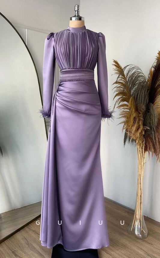 G4034 - Chic & Modern Sheath High Neck Draped and Beaded Formal Party Prom Dress with Long Sleeves and Feather
