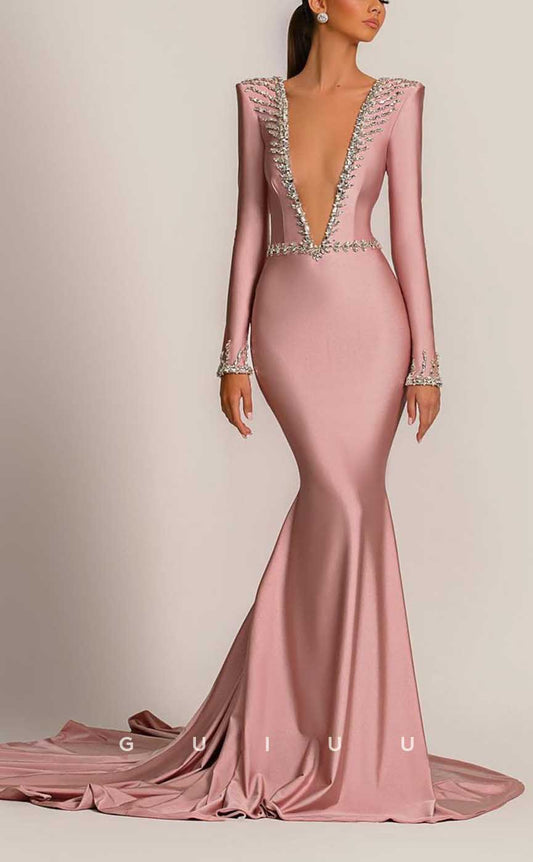 G4044 - Chic & Modern Mermaid Plunging V-neck Beaded Evening Party Prom Dress with Long Sleeves and Sweep Train