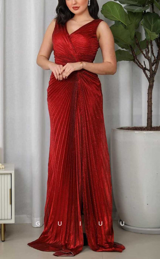 G4050 - Chic & Modern V-Neck Straps Fully Sequined and Draped Formal Party Prom Dress with Pleats