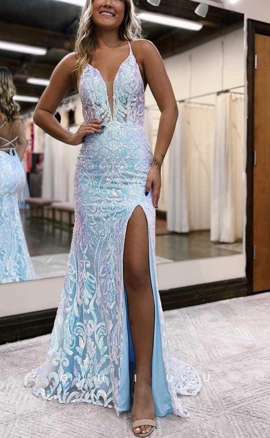 G4060 - Sexy & Hot Sheath V-Neck Straps Floral Appliqued and Sequined Evening Party Prom Dress with High Side Slit and Lace-up
