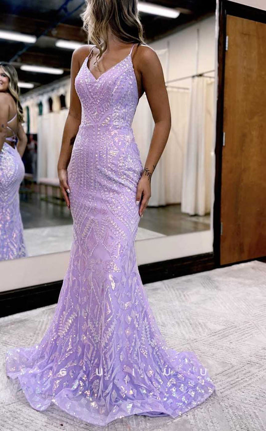 G4069 - Sexy & Hot Sheath V-Neck Straps Fully Sequined and Draped Evening Party Prom Dress with Sweep Train and Lace-up