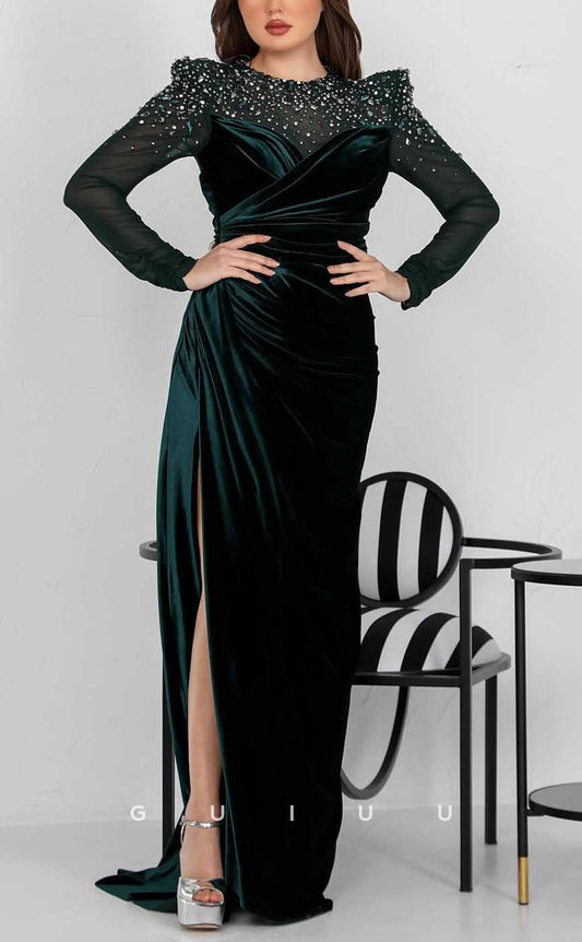 G4072 - Classic & Timeless Sheath Scoop Draped and Beaded Formal Evening Party Prom Dress with Long Sleeves and Side Slit