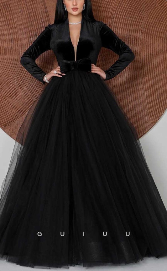 G4073 - Chic & Modern A-line V-Neck Draped Long Formal Party Prom Dress with Long Sleeves and Bows