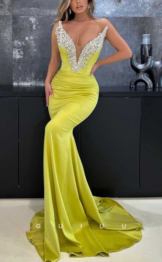 G4096 - Sexy & Hot Mermaid V-Neck Draped and Beaded Party Gown Prom Dress with Sweep Train