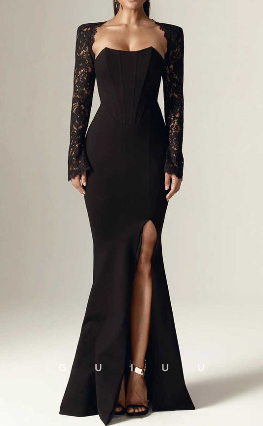 G4101 - Sexy & Hot Sheath Asymmetrical Evening Party Prom Dress with High Side Slit and Long Lace Sleeves