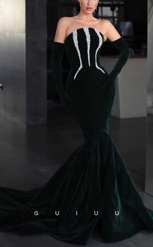 G4109 - Sexy & Hot Mermaid Strapless Beaded and Draped Evening Gown Prom Dress with Long Gloves