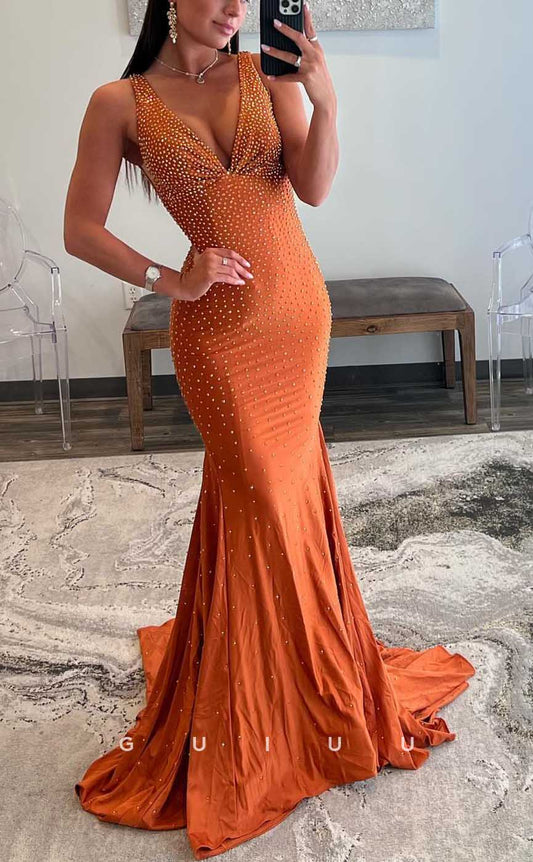 G4114 - Sexy & Hot Mermaid V-Neck Draped and Fully Beaded Evening Party Prom Dress with Sweep Train