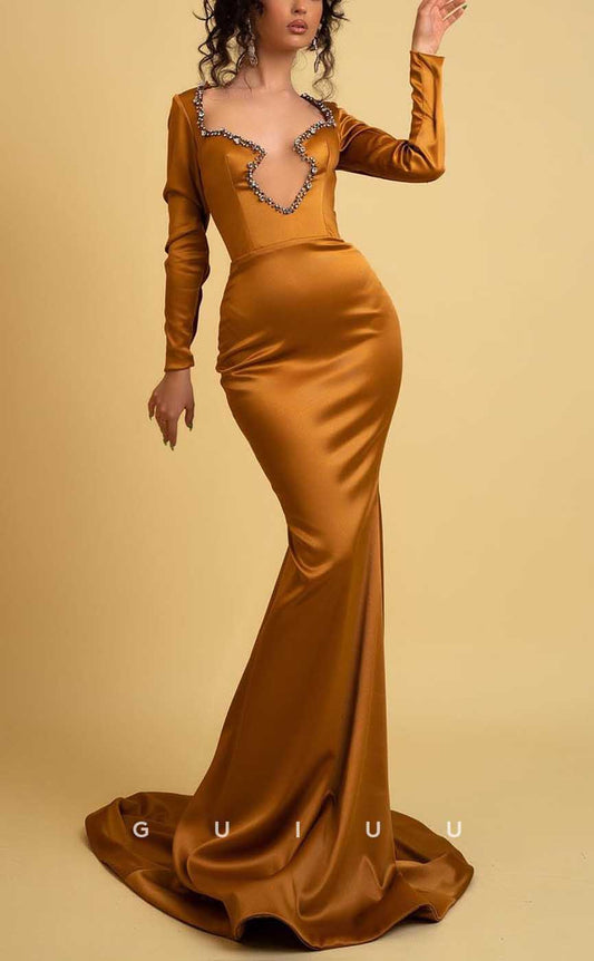 G4115 - Sexy & Hot Sheath Asymmetrical Beaded and Draped Evening Party Prom Dress with Long Sleeves and Sweep Train