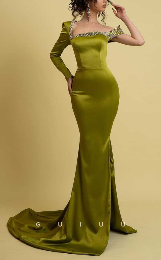G4119 - Chic & Modern Mermaid Asymmetrical Beaded Evening Gown Prom Dress with Long Sleeves and Sweep Train