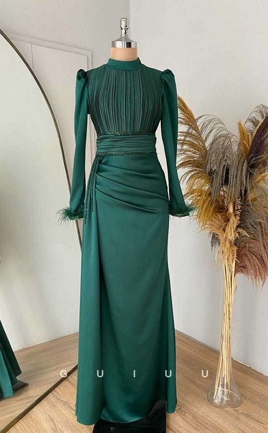 G4123 - Classic & Timeless Sheath High Neck Draped and Beaded Formal Party Prom Dress with Long Sleeves and Feather