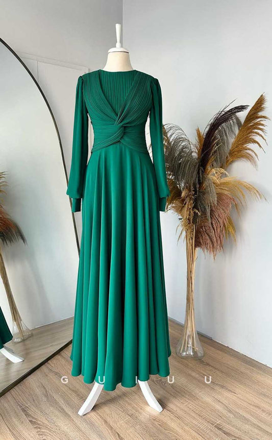 G4125 -Chic & Modern A-Line Scoop Draped and Pleated Formal Gown Prom Dress with Long Bishop Sleeves