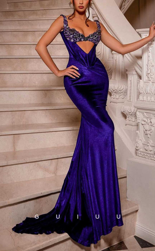 G4133 - Sexy & Hot Mermaid V-Neck Straps Cut-Outs Floral Beaded and Draped Evening Party Prom Dress with Sweep Train